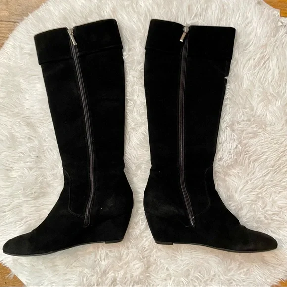 Aquatalia Tall Quilted Black Wedge Heel Boots - Picture 3 of 13